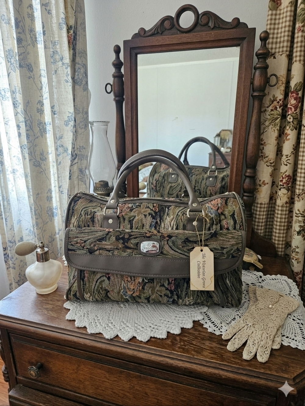 Vintage Jordache Tapestry Travel Bag Weekender Floral Carpet Bag Brown Trim 80s